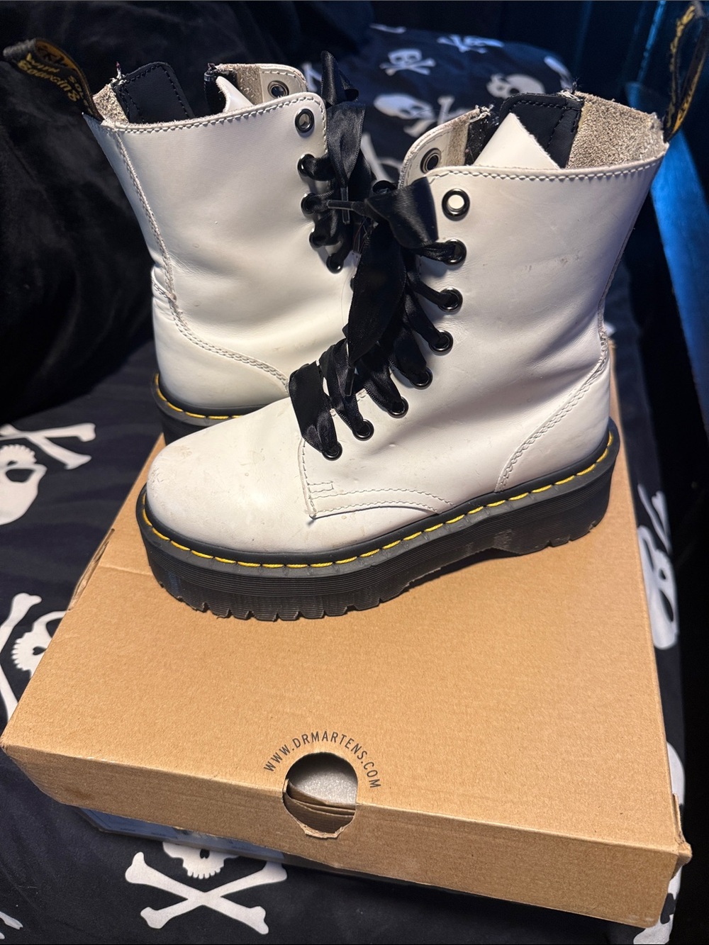 Dr. Martens White Leather Platform Lace-Up Boots with Yellow Stitching